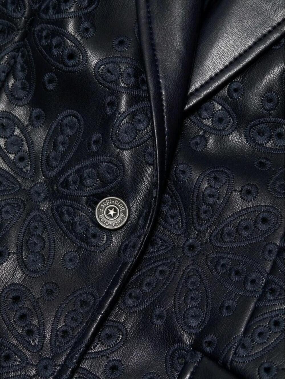 CINQ À SEPT Cheyenne Embroidered Eyelet Size 4 Faux Leather Blazer Navy NWT #W3 - Picture 4 of 13